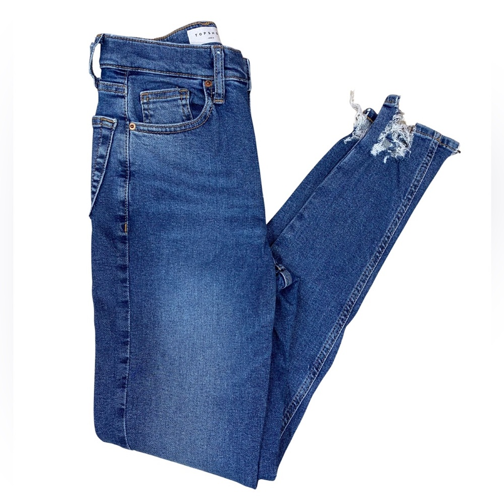 Topshop Jamie High Rise Skinny Jeans 25x32 Distressed Hem Medium Wash Denim
